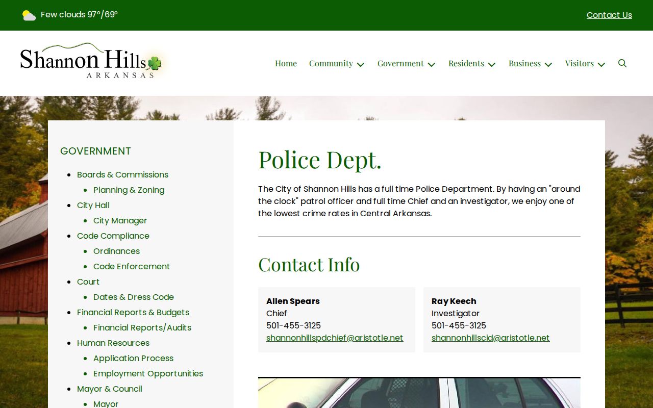 Official Shannon Hills Police Department page with department contact information