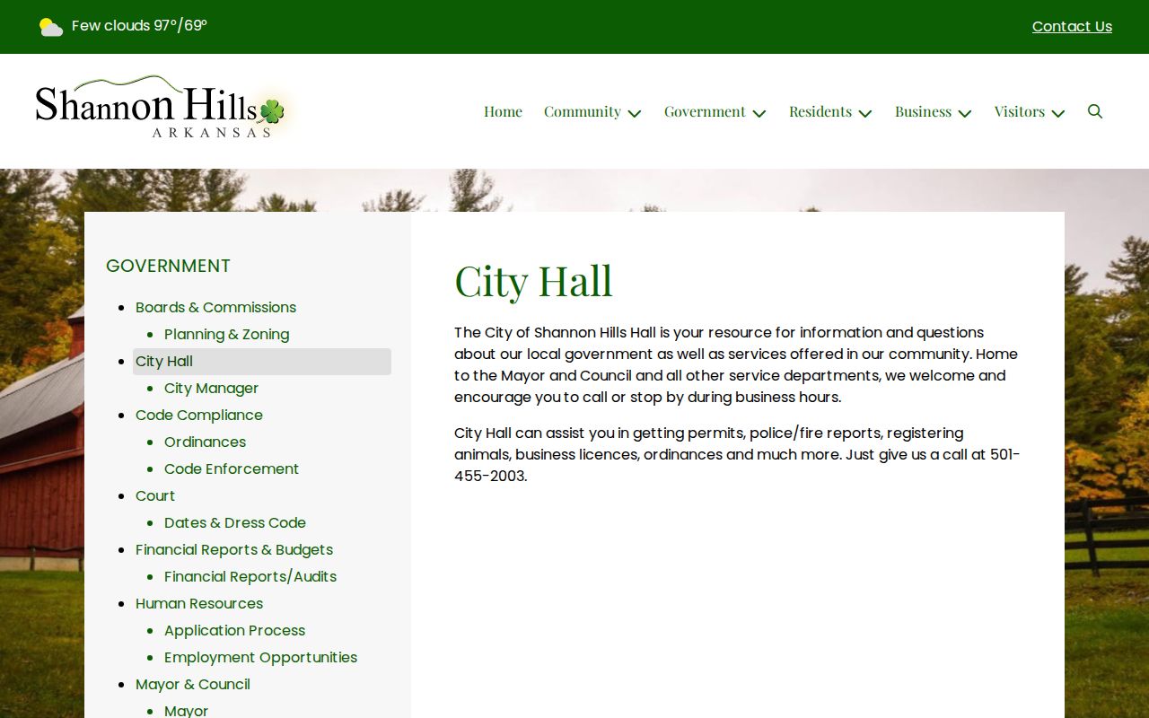 Official Shannon Hills City Hall page describing city contact services