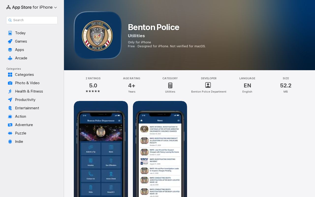 Official Benton Police iPhone app listing with city police features